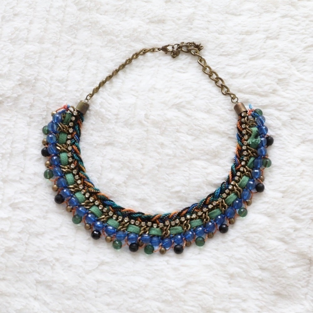 Statement necklace boho mixed metal beads ribbons bohemian jewellery blue bronze
